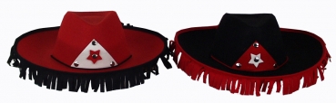 Cowboyhut in schwarz, rot und braun, mit Fransen, Seidenkordel, Filzdreieck und Nagelverzierung