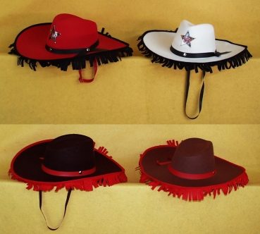 Sheriff Hut, in schwarz, braun, rot und weiß, mit Fransen