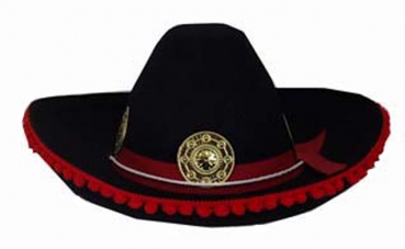 Mexikaner Hut, breitrandig, mit Ponponborte, Zierband, Haltekordel und Zierplaketten, in schwarz und rot