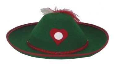 Dirndl Hut, in grün und rot, mit Federn, Filzherz, Borte und Edelweiß
