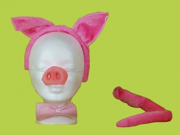 Piggy-Set, Kopfreif mit Ohren, Rüsselnase, Schleife und Ringelschwanz