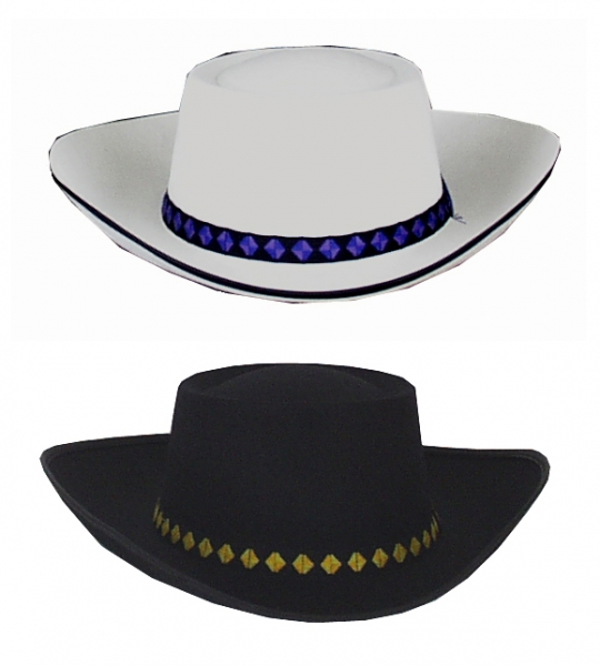 Cowboyhut in schwarz, beige und weiß, mit Plastikeinfassung und gewebtem Zierband