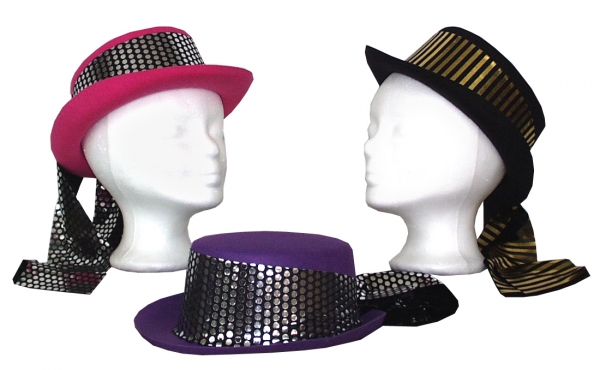 Damen-Zylinder Hut, in schwarz, grau, rot und weiß, mit Band