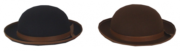 Halbhohe Melone, in braun und schwarz, mit Band und Einfaß (Bauernhut)