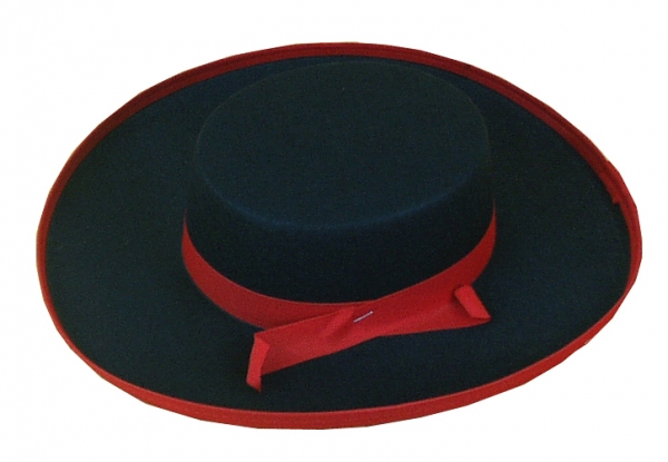 Herren-Spanier Hut, in schwarz, mit roterm Band und Einfassung