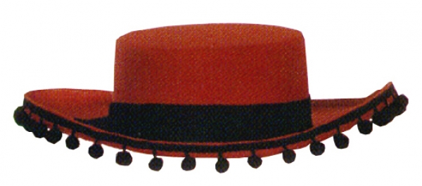 Spanier Hut, mit Band und Bällchenborte, in schwarz und rot