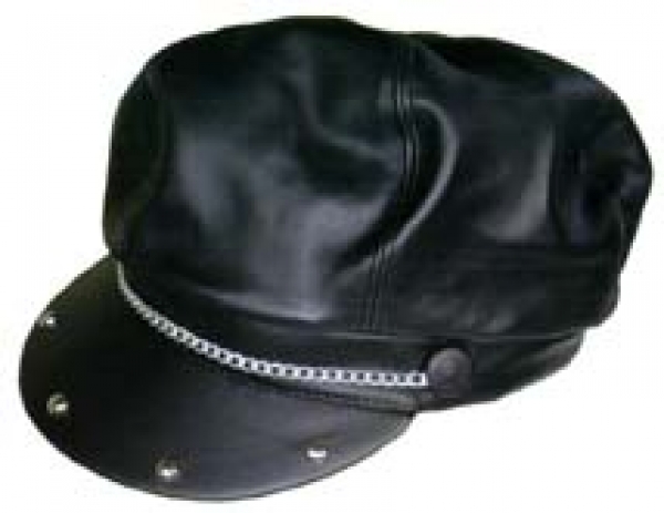 Schwarze Rockermütze, Kunstleder, mit Kette