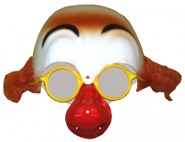 Clownglatze mit Haaren, Brille und Nase, aus Plastik