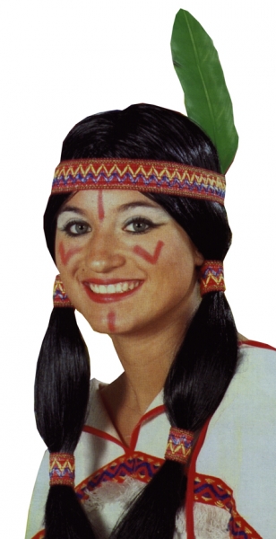 Perücke, "Squaw", ungeflochtene Zöpfe, Stirnband, Feder