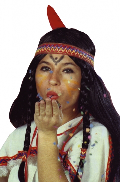 Perücke, "Indianerin", langes Haar, zwei Zöpfe, Stirnband, Feder