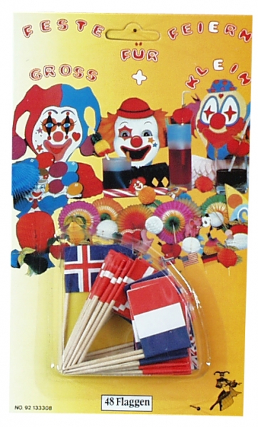 Papierfähnchen auf Zahnstocher, 35x35mm groß, Set mit verschiedenen Nationen, 48 Stück
